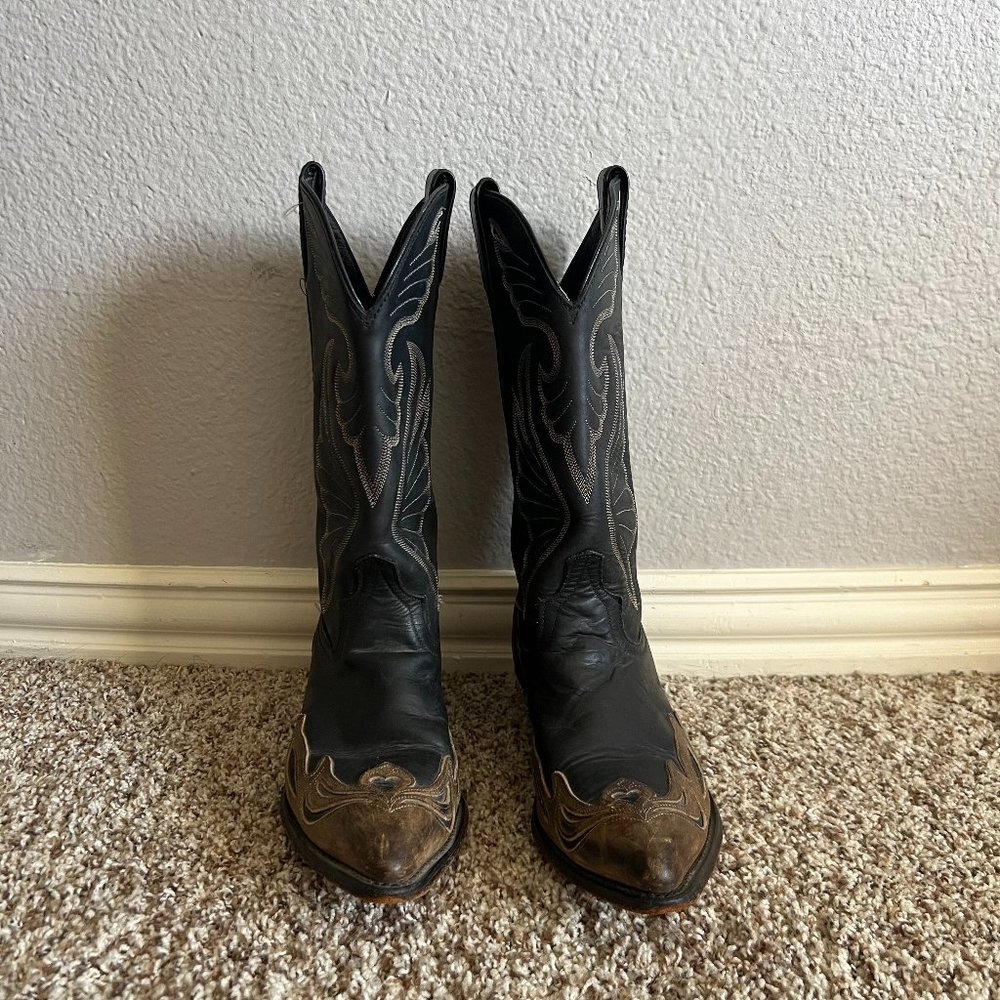 VINTAGE CODE WEST WESTERN COWBOY BOOTS BLACK BROWN LEATHER PULL ON RODEO SHO